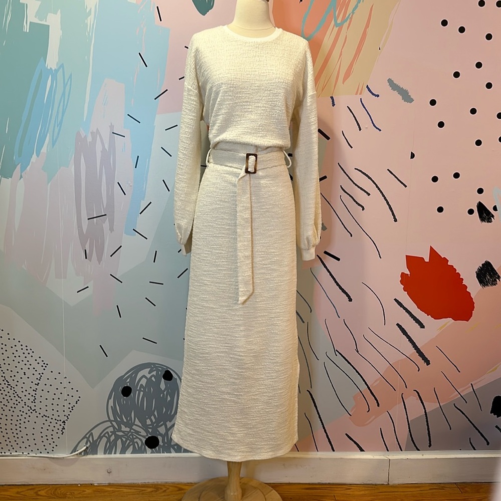 Anthropologie 90’s-Minimalist-Style Slub-Cotton-Knit Cream Maxi Dress with belt